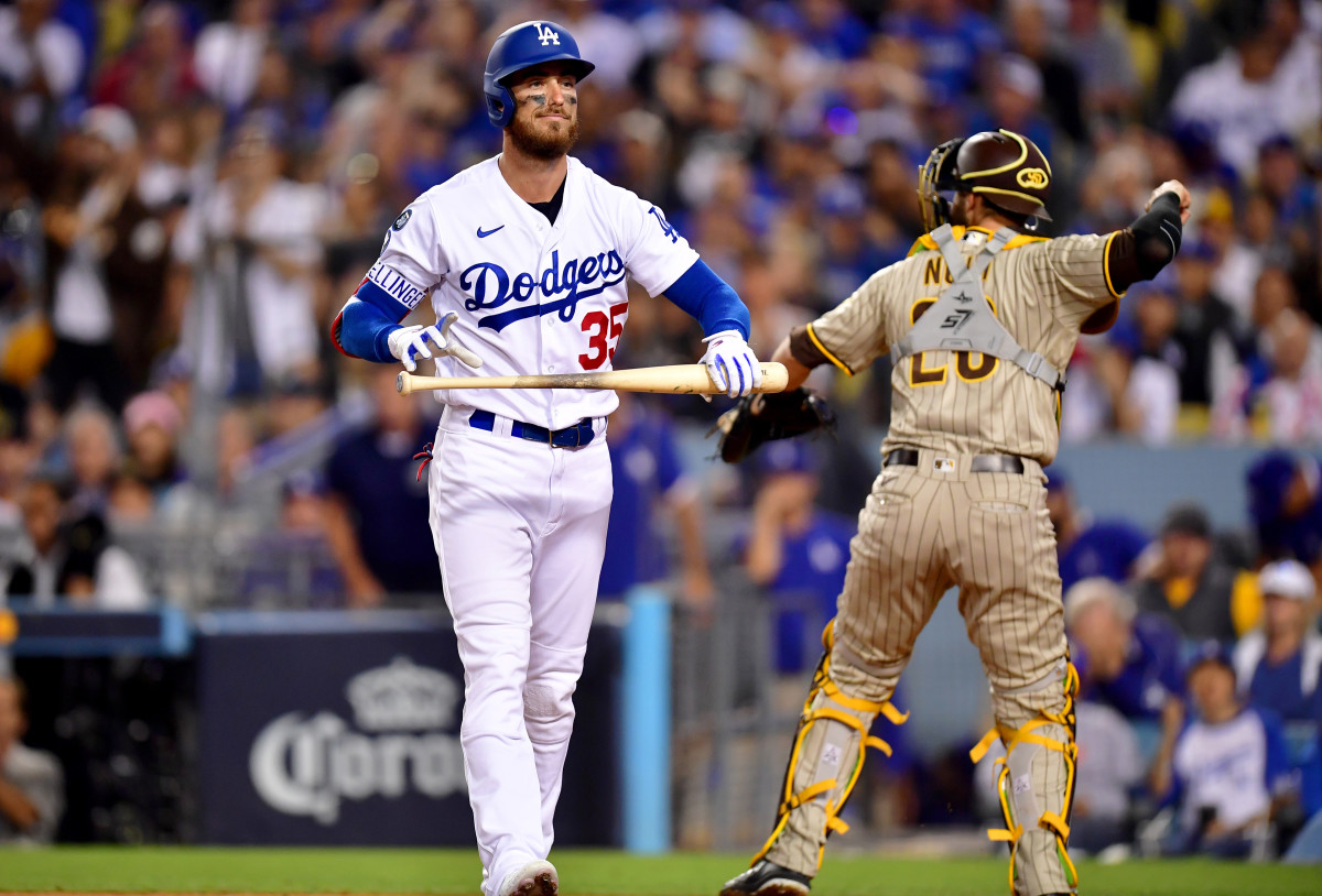 Cody Bellinger reacts after striking out.